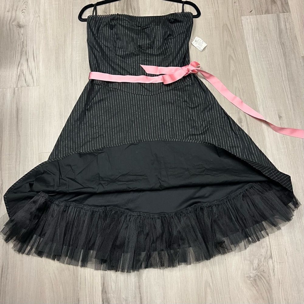 Charlotte Russe black pinstripe party dress sz L pink bow at waist NWT Vintage - Picture 13 of 15
